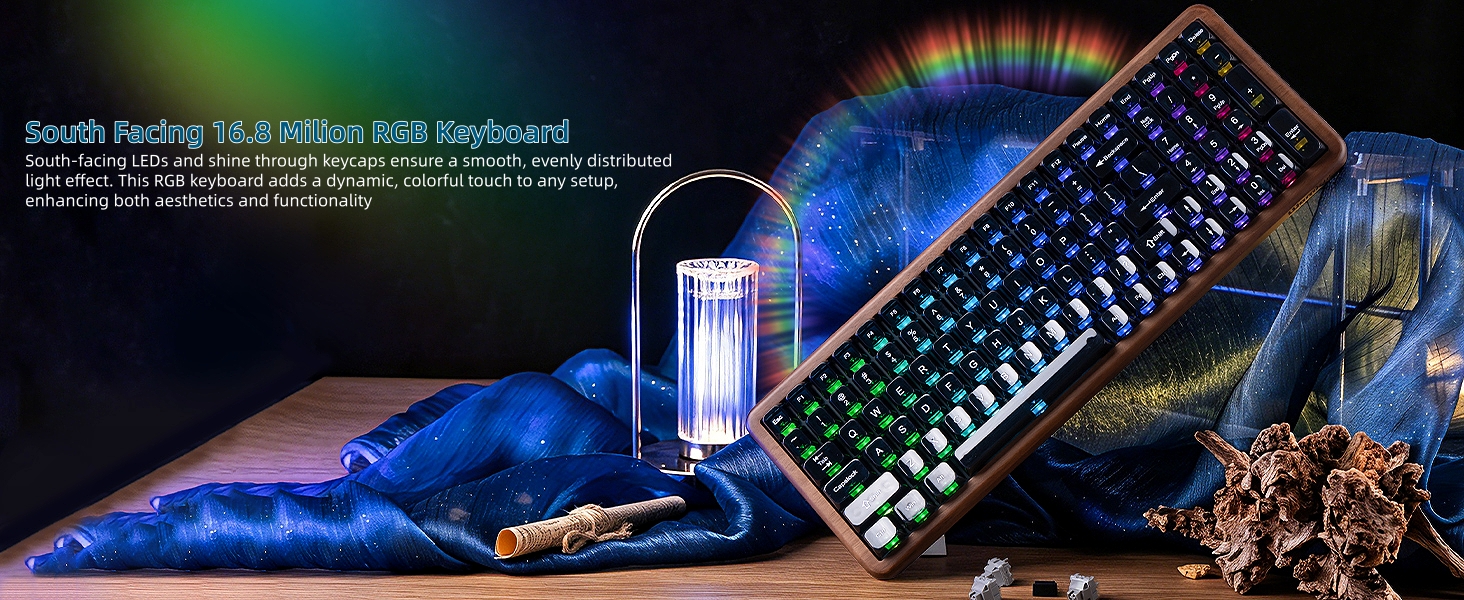 98% Wireless Mechanical Keyboard with Number Pad Natural Walnut Wood Gaming Keyboard
