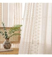 Chorowl Ivory Boho Embroidered Linen Curtains 84 Inch 2 Panels for Bedroom | Beige Farmhouse Shee...