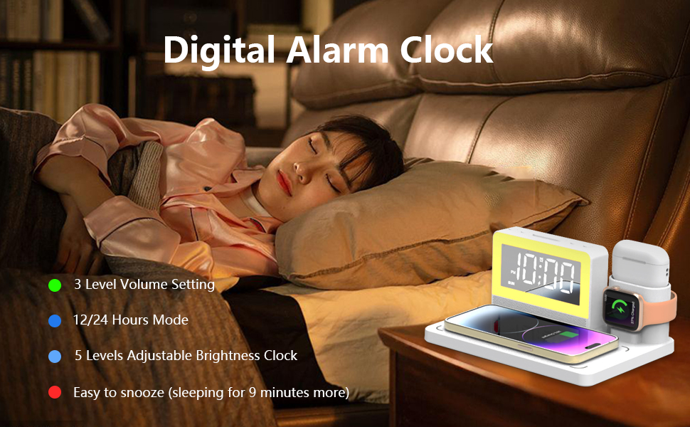 digital alarm clock with wireless charger station