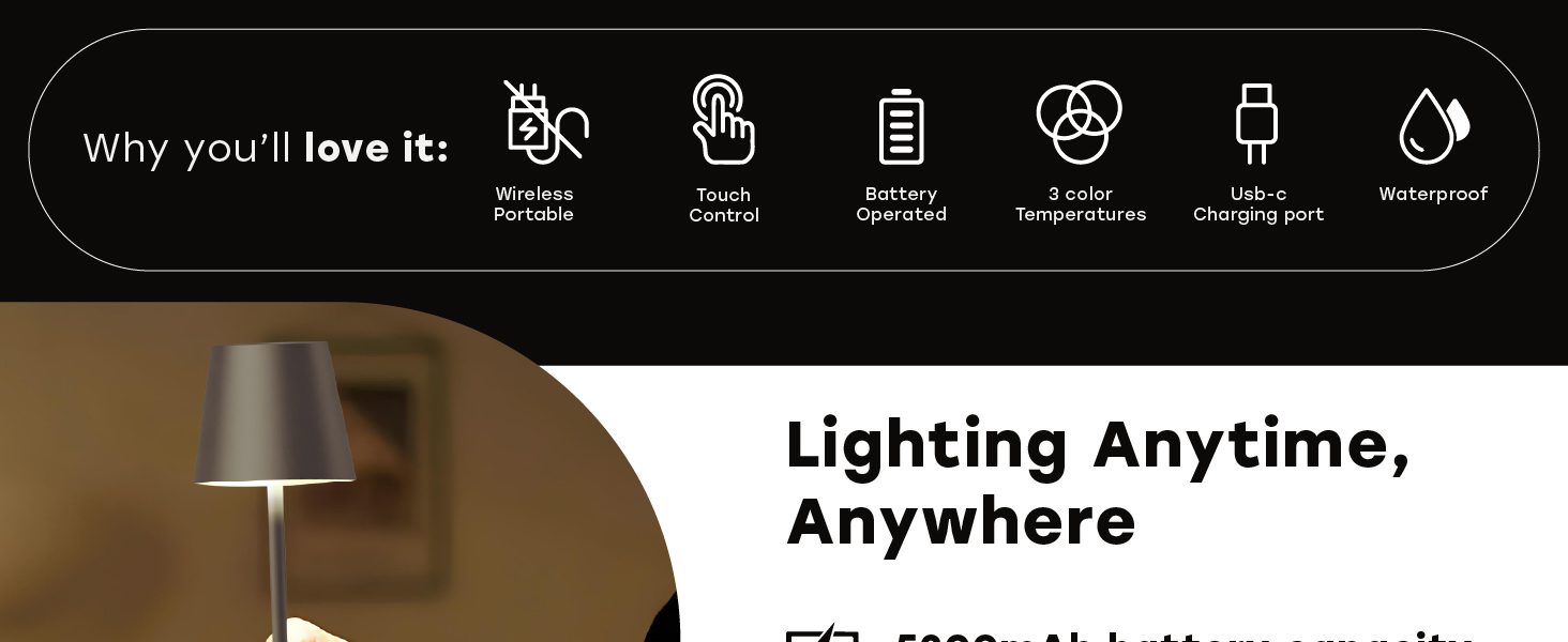 cordless lamp, battery operated lights, rechargeable lamp, cordless table lamp, small table lamp