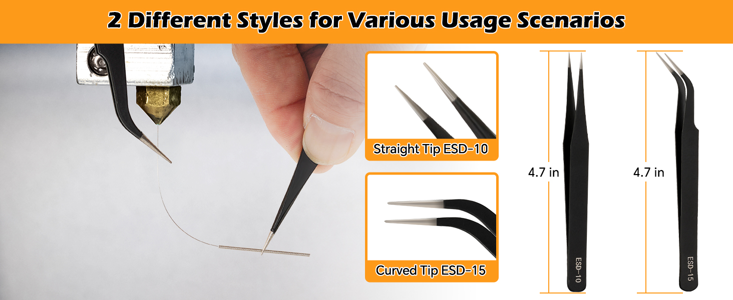 3D Printing Nozzle Cleaning Kit contains both curved and straight tip tweezers.