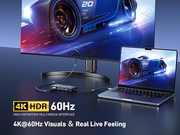 Text reads '4K HDR 60Hz' and '4K@60Hz Visuals &amp; Real Live Feeling'. Gaming setup featuring multiple displays with blue ambient lighting and technical specifications.