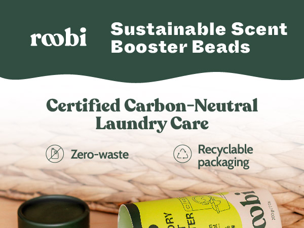 Carbon-neutral laundry scent booster in recyclable, zero-waste packaging.