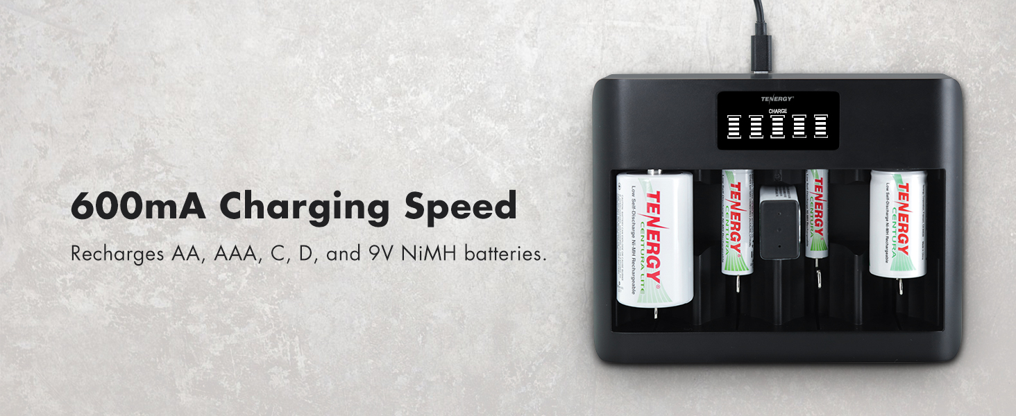 600mA Charging speed recharges AA AAA C D and 9V NiMH batteries