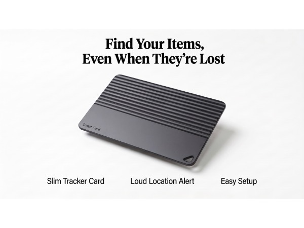 Slim black smart tracker card with a loud location alert and easy setup