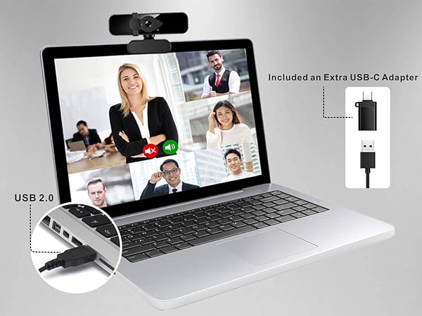2K Webcam USB C Connection, plug and play video camera for pc computer, with a USB-C Adapter for Mac