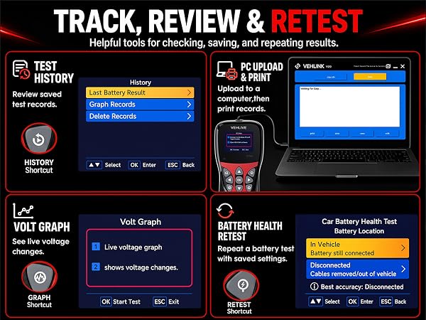 BT900 test history, retest and PC report features
