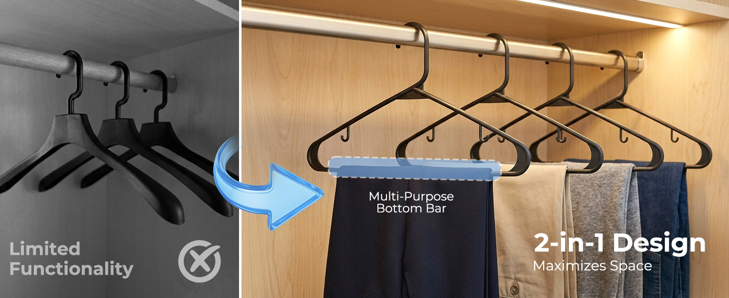 Hanger with bottom bar for pants, skirts. Multi-use design pairs with J-hook shoulder for straps