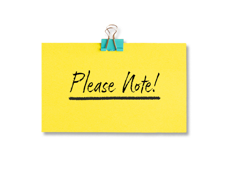 Yellow sticky note with 'Please Note!' handwritten in black, attached to a surface with a silver binder clip against a white background.