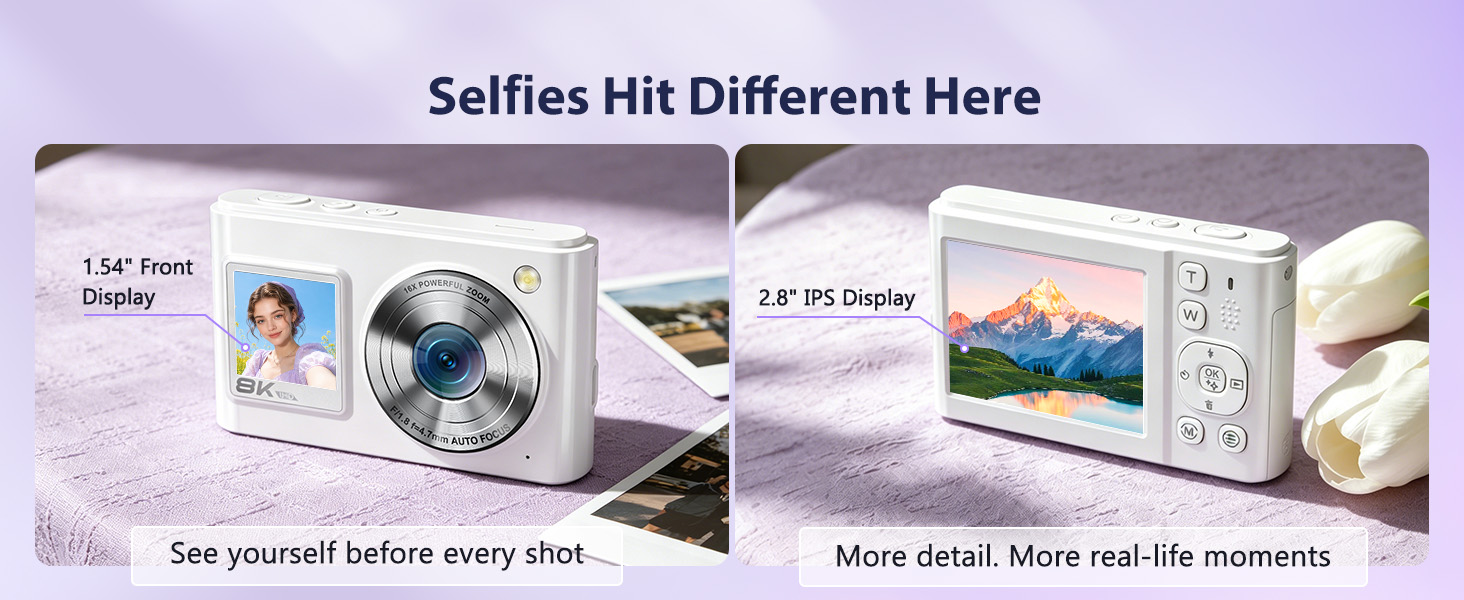 Dual screen vlogging camera with front screen for selfies, group photos, and casual videos.