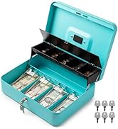 Volcora Large Cash Box with Key Lock, Metal Money Box for Cash, Portable Locking Safe Box with Co...