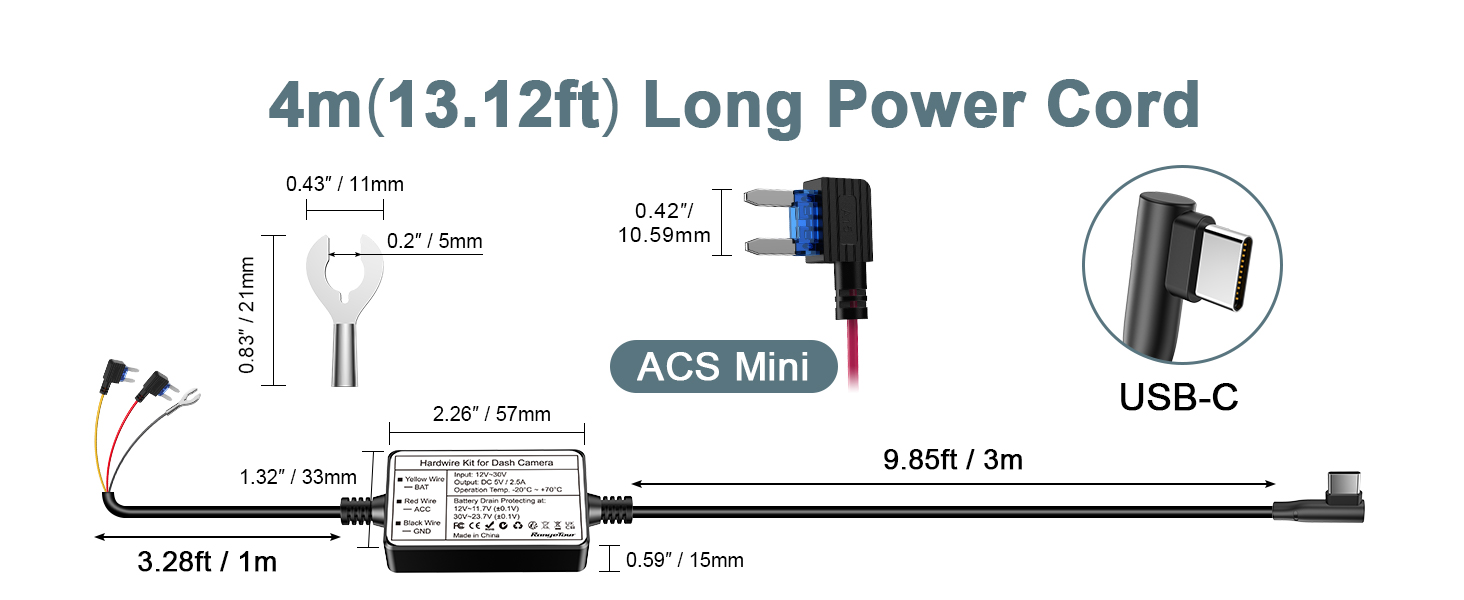 Range Tour Dash Cam Hardwire Kit USB-C Port, 5V/2.5A (also suitable for 1- 2A)