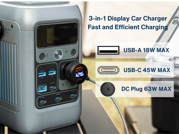 3-in-1 Display Car Charger, Fast and Efficient Charging