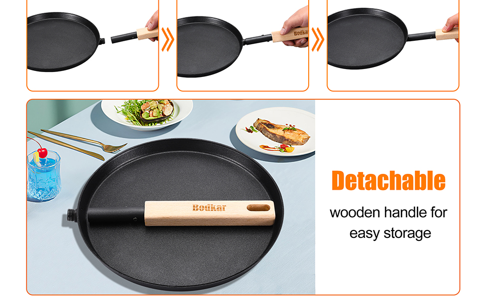 bodkar Frying Pan Skillet Pre-Seasoned 9-inch Flat Griddle Pan with Detachable Wood Handle