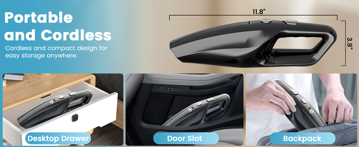 Portable and cordless handheld device with multiple usage scenarios: desktop, door use, and backpack. Slim design with dimensions shown.