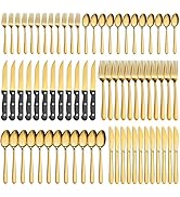 Pleafind 72-Pieces Gold Silverware Sets for 12, Flatware Set with Steak Knives, Stainless Steel C...