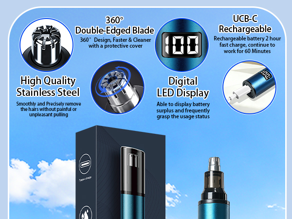 YunLuna stainless steel nose and ear trimmer for men with dual-edge blade, 360° ratating
