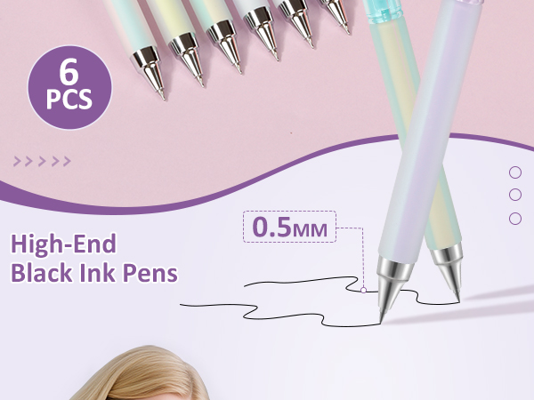 6PCS Black Fine Point Smooth Writing Pens, Retractable with Silicone Grip