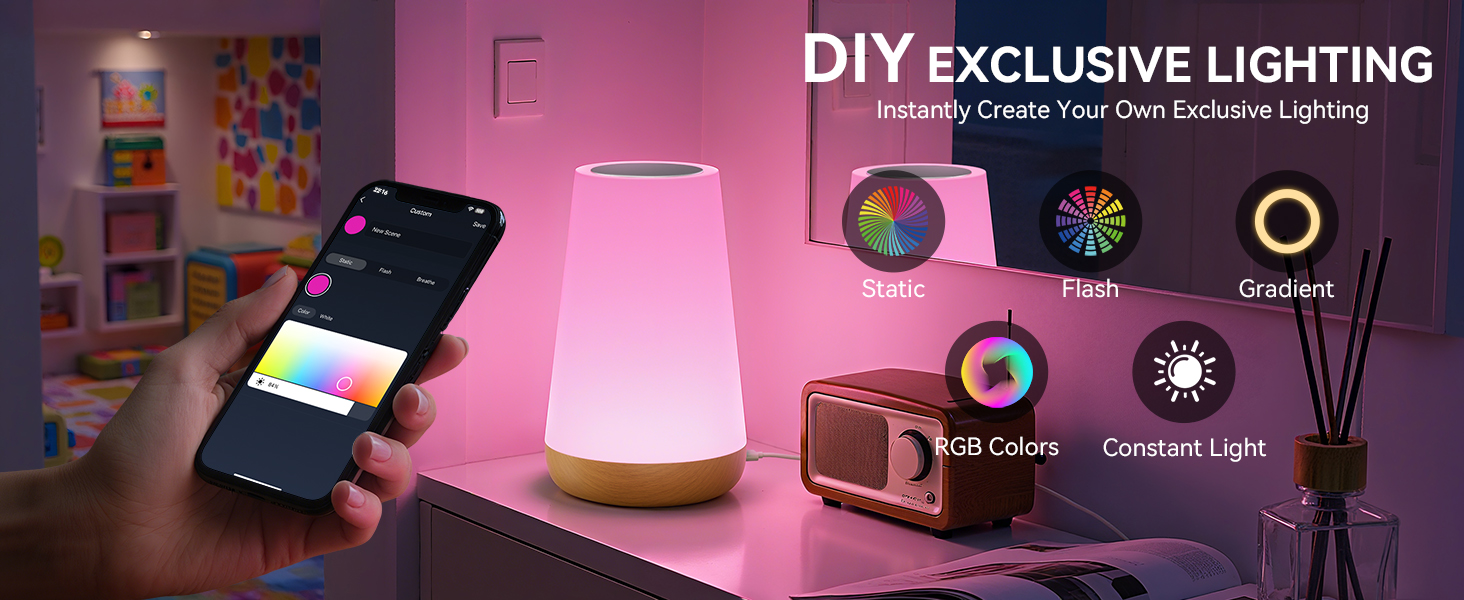 DIY lighting effects smart lamp via app, with static, flash, gradient, RGB colors modes