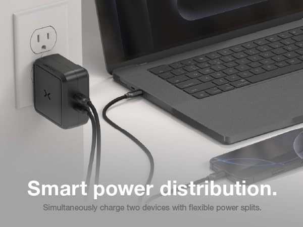 Smart power distribution balances power across both ports for fast charging of all devices