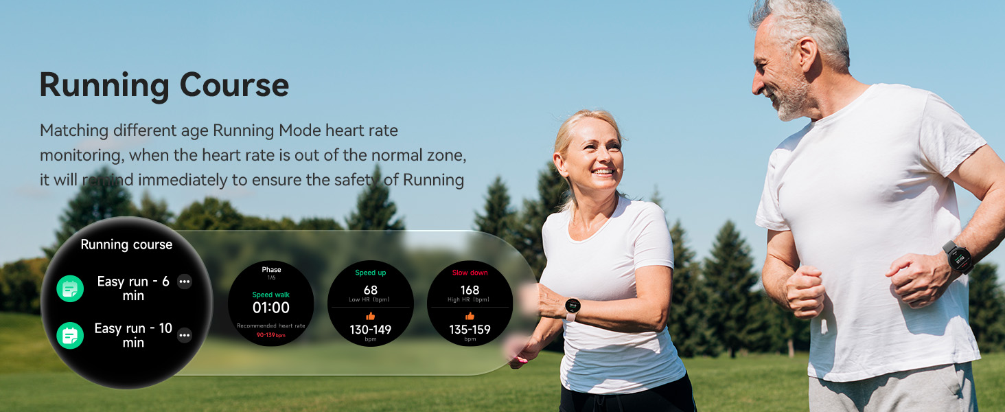 Digital fitness interface showing 'Running Course' with circular metrics displays tracking exercise data against outdoor background.