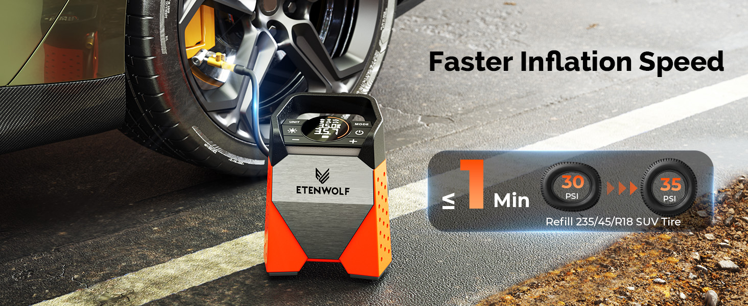 faster inflation speed 12 Volts air pump fills tire in 1 minute (30-35 PSI)