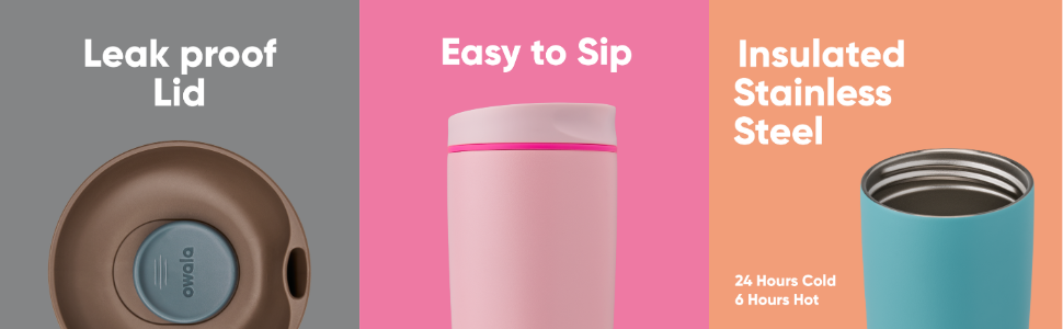 Owala SmoothSip leak proof coffee cup with lockable lid and insulated stainless body and slim design