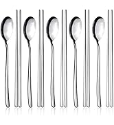 IQCWOOD Spoons and Chopsticks Set, 5 Pairs Stainless Steel Flat Chopsticks, 5 Set Korean Spoons, ...