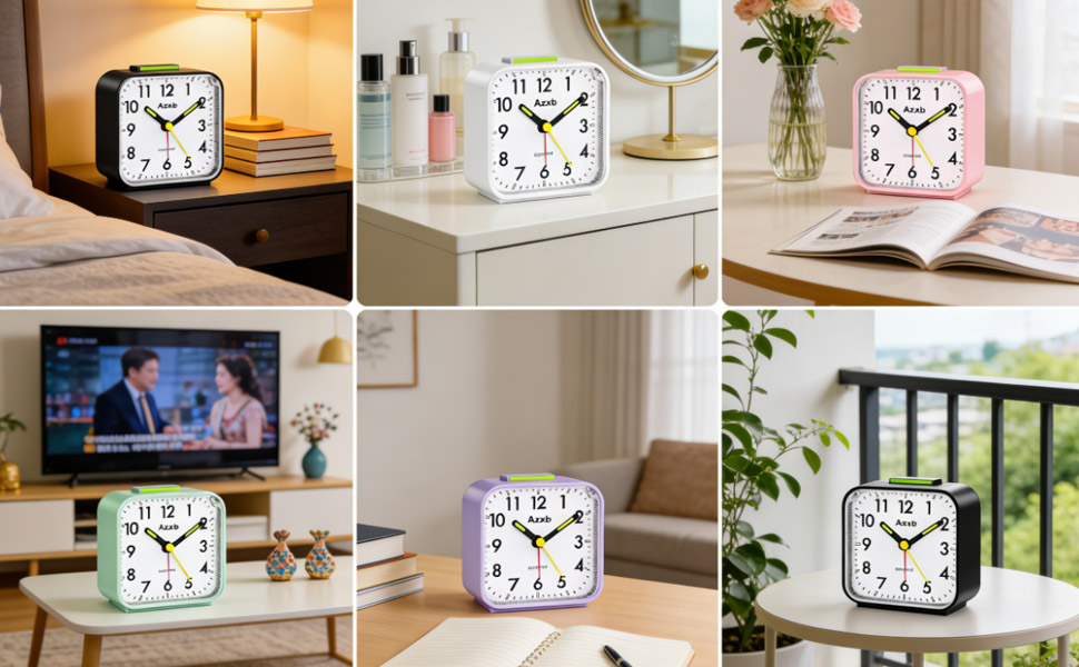 Azxb Analog Alarm Clock Silent Battery Operated Travel Alarm Clock with Night Light Snooze