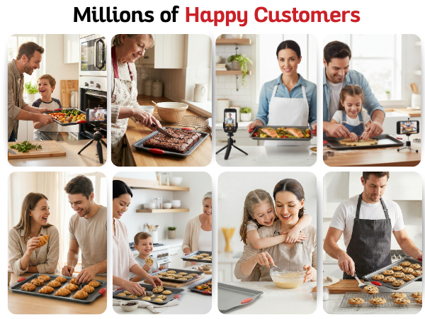 Real families baking and cooking with Boxiki baking sheets in home kitchens