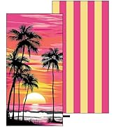 Oversized Microfiber Beach Towel Thin, Pink Sunset Seaside Double Sided Towel 1PC, Large Sand Fre...