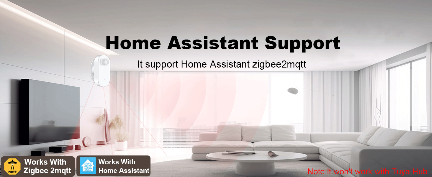 Modern living room interior with text overlay reading 'Home Assistant Support' against white walls and large windows.