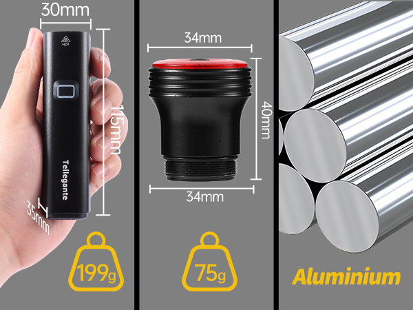 Three-panel image showing flashlight specs: 30mm x 90mm black cylinder with button, 199g; 34mm x 44mm red-topped black component, 75g; aluminum rods labeled 'Aluminium'.