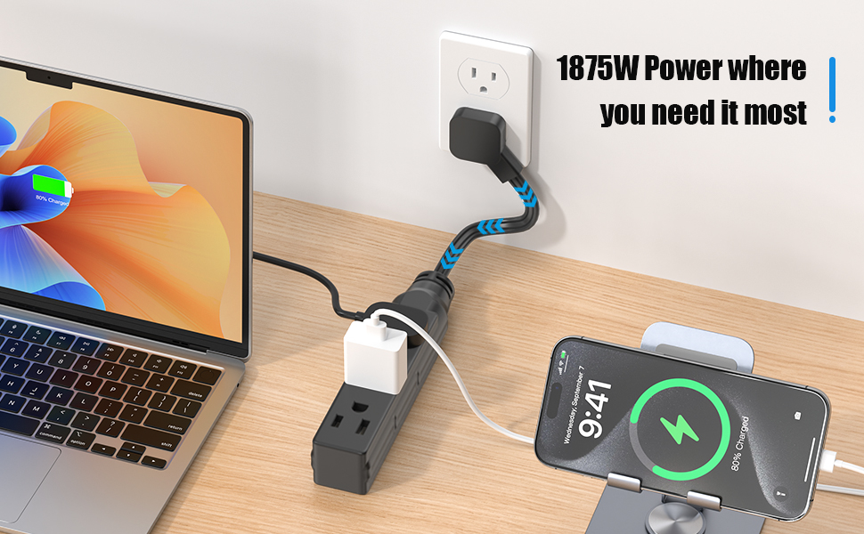 1 FT Short Power Extension Cord, HITRENDS 3 Outlet Extension Cord, 3 Prong Grounded Wire