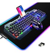 Wireless Gaming Keyboard and Mouse Combo,3 in 1 Rainbow LED Rechargeable Keyboard Mouse with 3800...