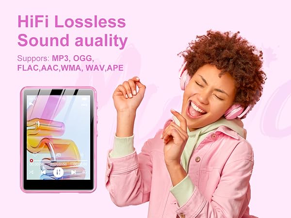 Pink digital music player with touchscreen display. Supports multiple lossless audio formats including MP3, OGG, FLAC, AAC, WMA, WAV, and APE for high-fidelity sound quality.