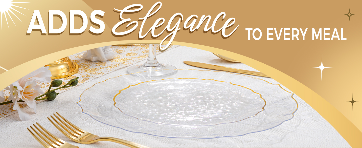 clear and gold plastic plates