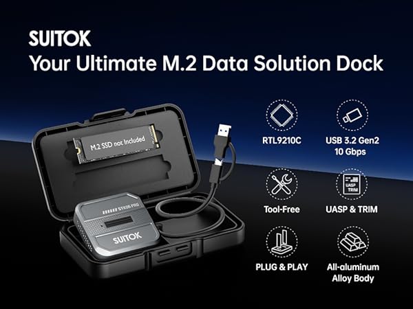 SUITOK M.2 NVMe SATA SSD reader with storage box for 22110 2280 PCIe NGFF drives.