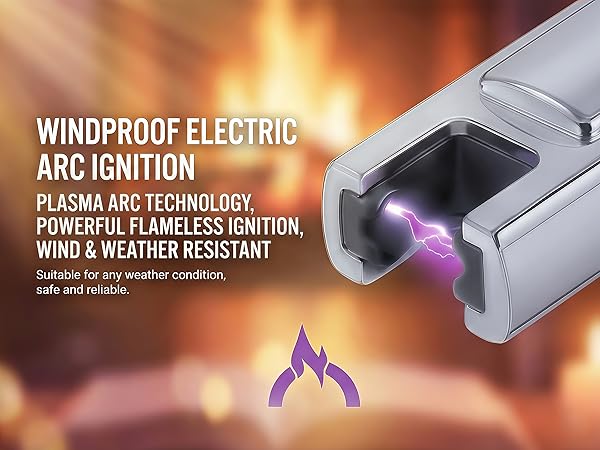 electric lighter tip emitting dual purple plasma beams against a warm background of lit candles