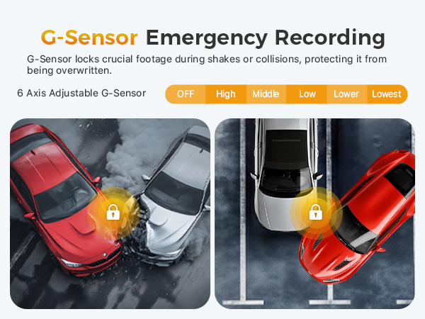 G-Sensor Emergency Recording feature demonstration showing vehicle collision detection in two panel illustration with red and silver cars.