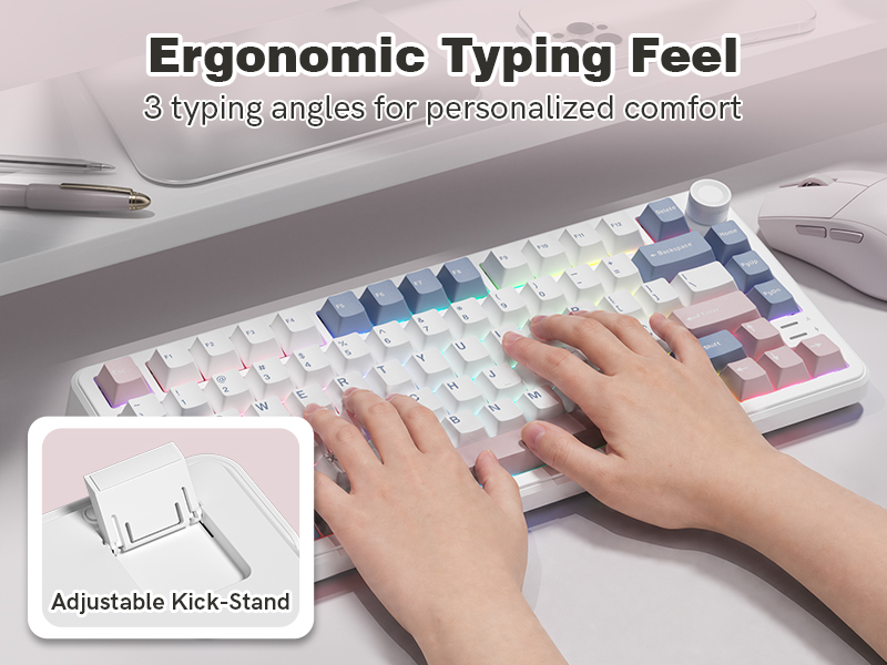 Keyporia L75 mechanical keyboard with adjustable kickstand for 3 ergonomic typing angles.
