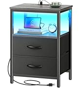 Huuger Night Stand with Charger Station and LED Lights, 2 Drawer Nightstand, Bed Side Table with ...