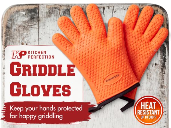 KITCHEN PERFECTION Silicone Oven &amp; Griddle Gloves -Extreme Heat Resistant BBQ