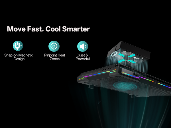 A close-up of the laptop cooling pad&amp;#39;s fans, highlighting their fast, smart cooling power