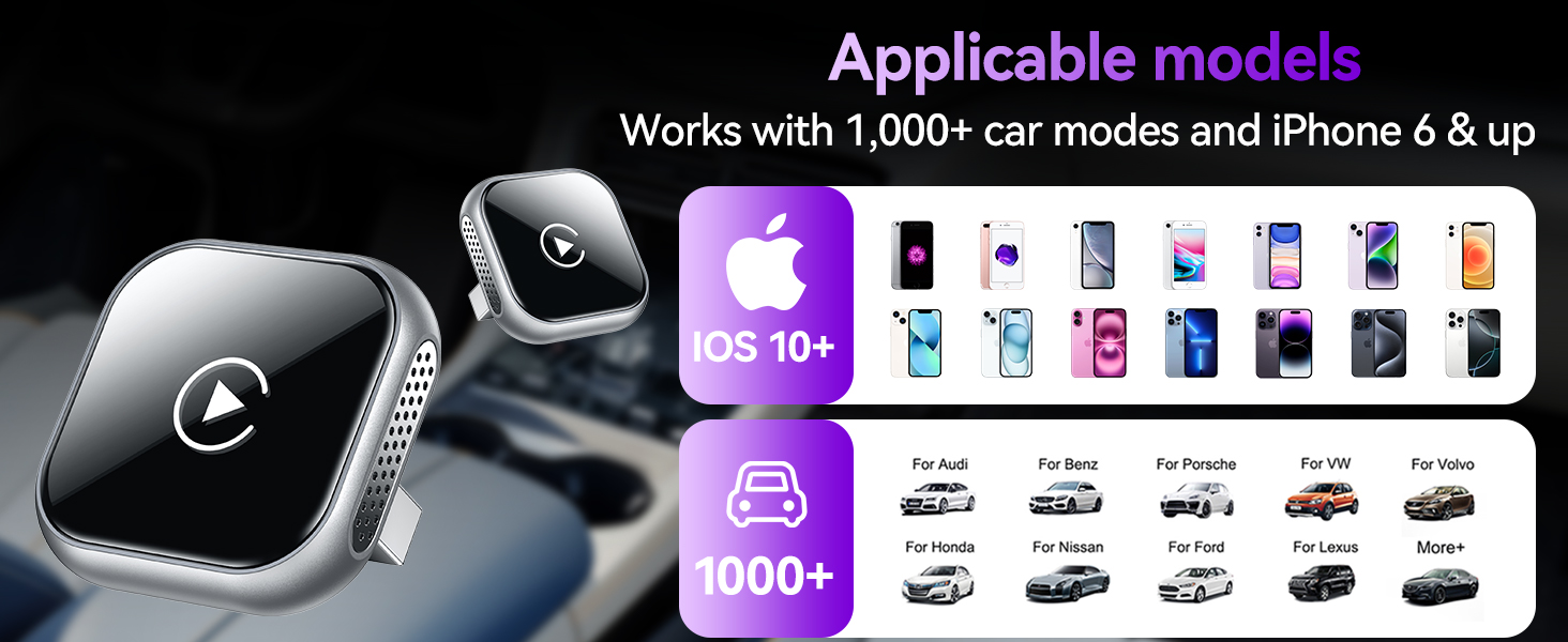 Wireless CarPlay adapter compatible with iPhone iOS 10 and cars with factory wired CarPlay