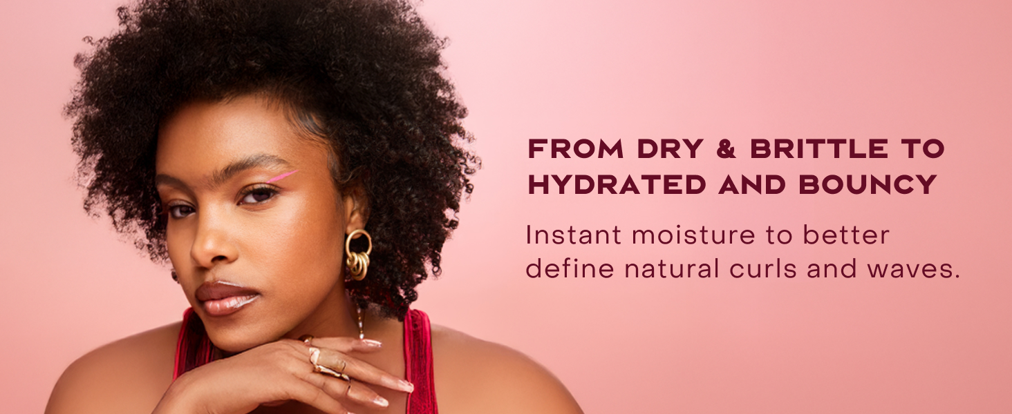 Image of a woman with curly hair, next to text highlighting some benefits of our shampoo.