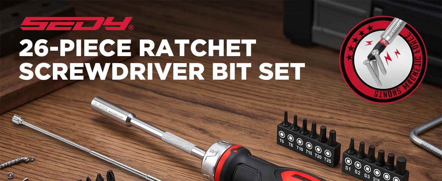 26-Piece Ratcheting Screwdriver Bit Set with 1/4&amp;#34; Magnetic Ratchet Driver