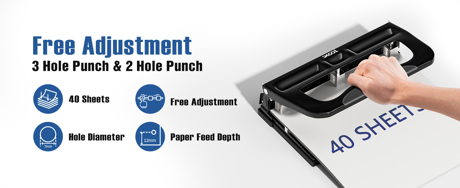 XOOL 3 Hole Punch, Heavy Duty Metal Hole Puncher for 2 or 3 Holes