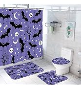 Bayson 4PC Shower Curtain Set with Rugs Halloween Bat Skull Bathroom Curtains Shower with Non-Sli...