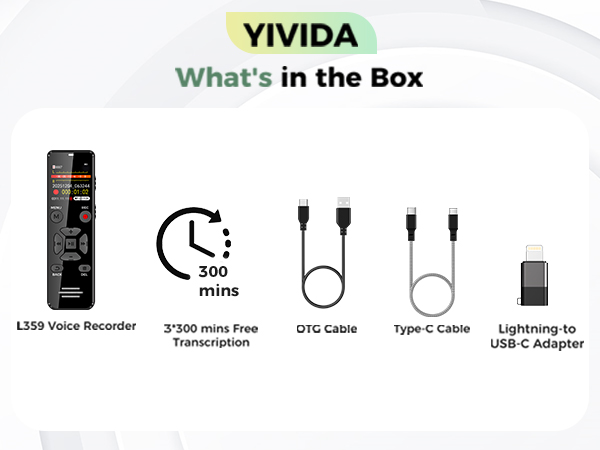 Package has 1*voice recorder, 3*300 mins free transcription, OTG cable, Type-C cable, 1*L-C adapter